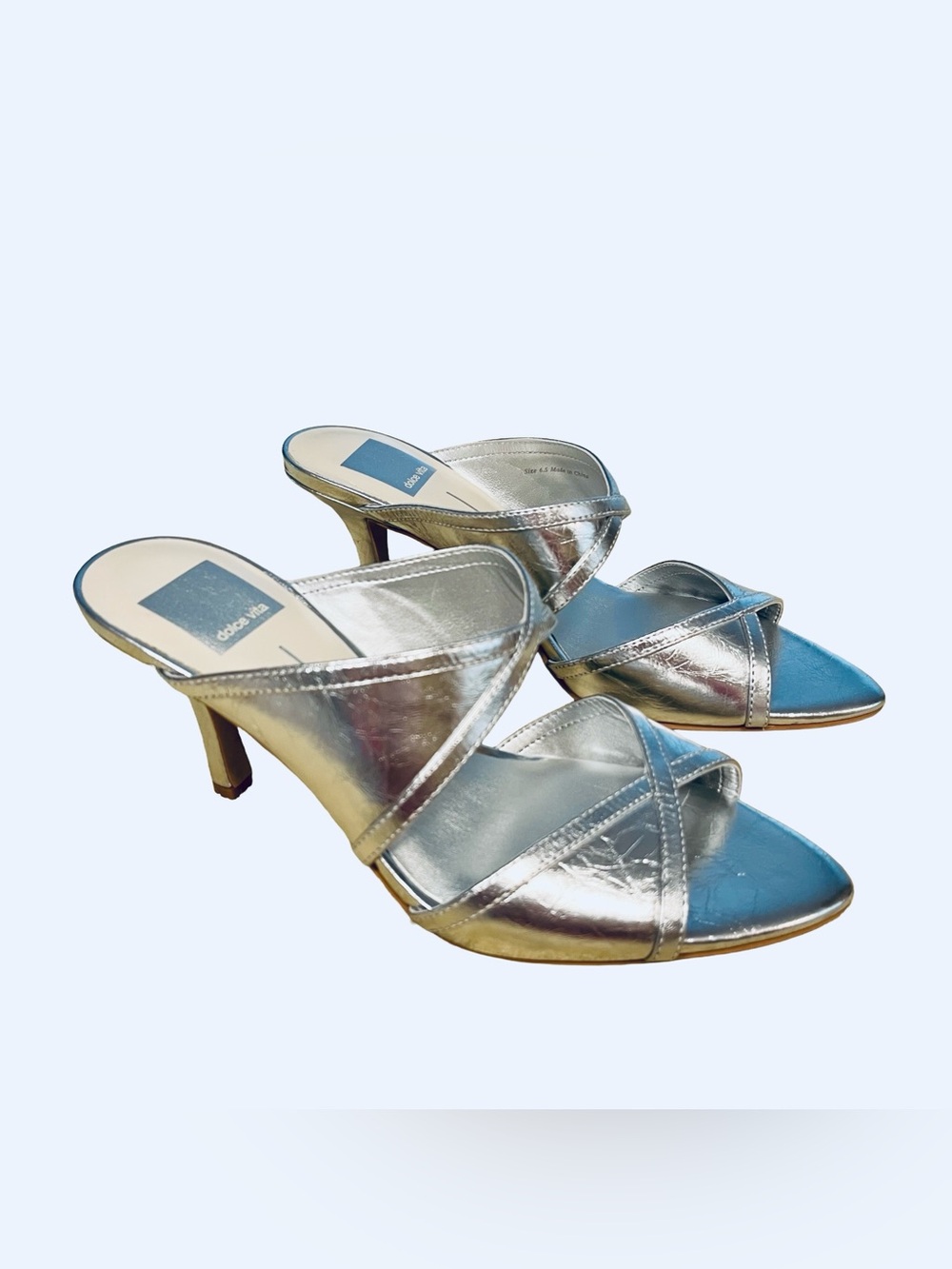 NEW Dolce Vita Mandel Women Sz 6.5 Silver Crinkle Leather Slip On Heeled Sandals